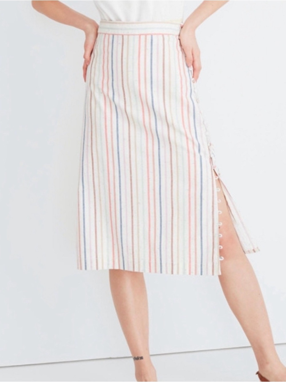 Madewell Striped Lace-Up Midi Skirt in Cream with Blue & Pink Stripes
